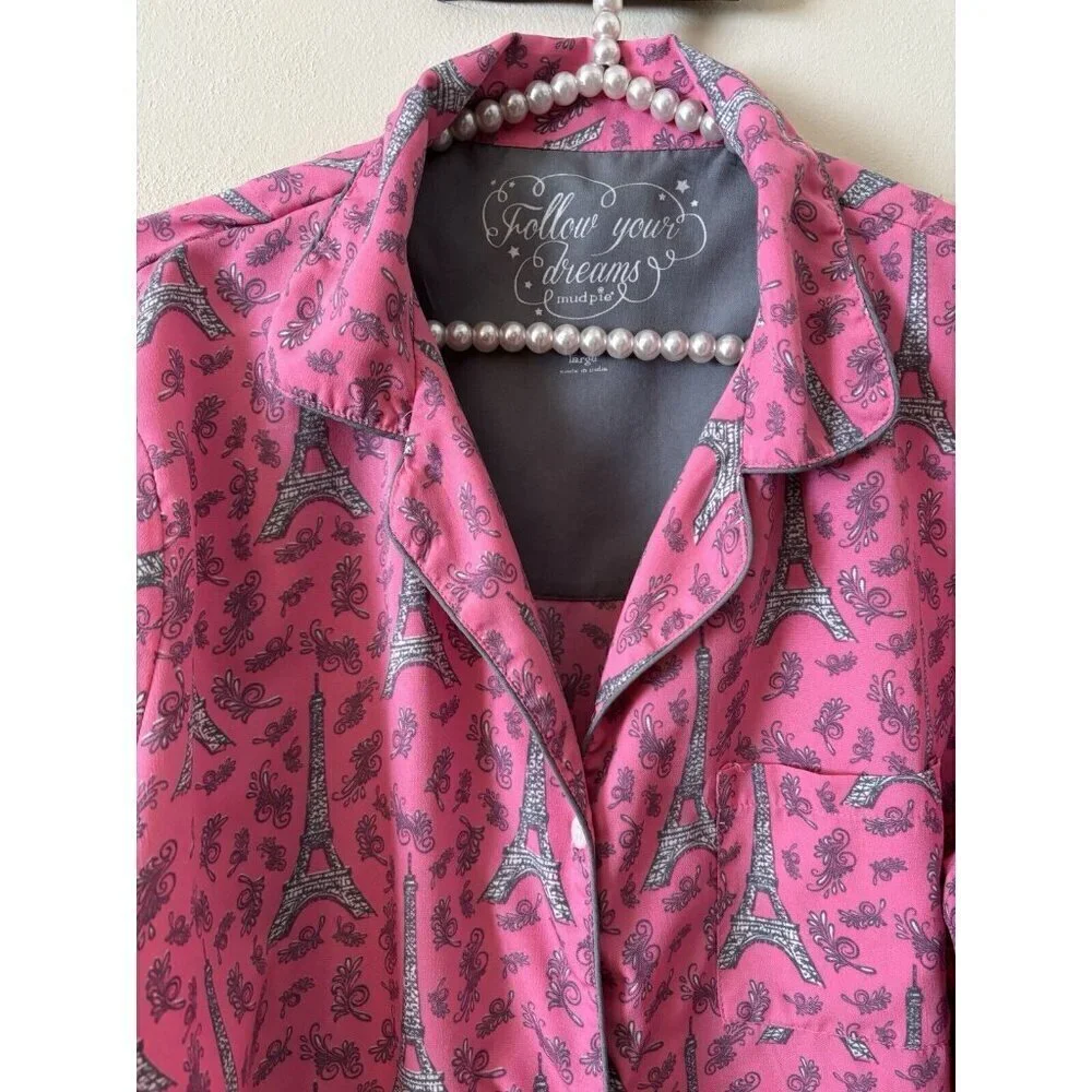 Mudpie Follow Your Dreams Womens Size L Sleep Shirt Pink Eiffel Tower Long Sleev